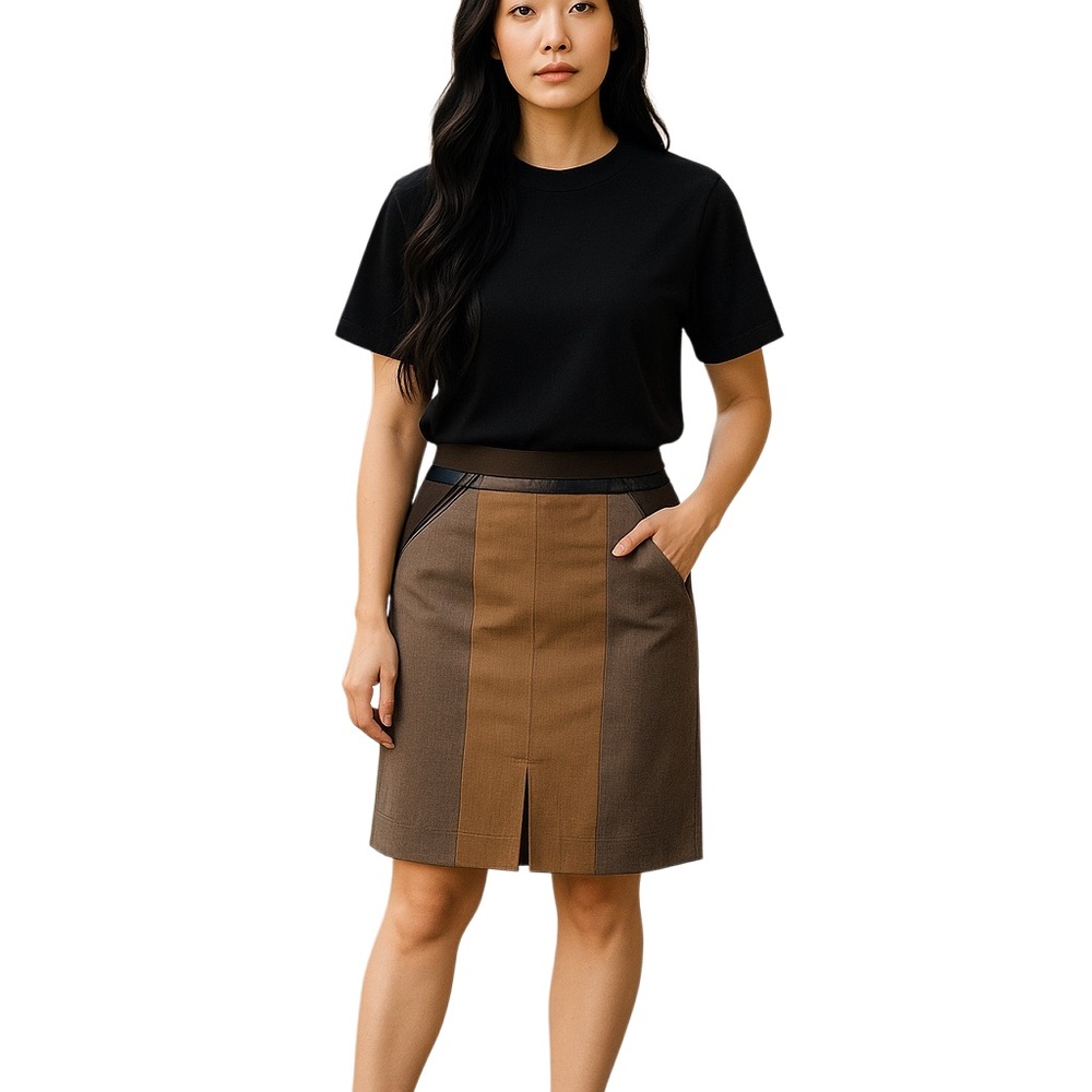 CLUB MONACO Women Leather Wool Brown Pencil Skirt 10 Fitted Career Quiet luxury